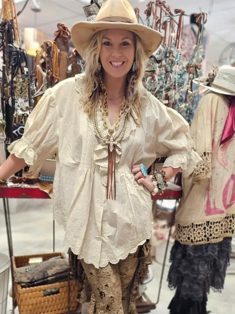 A RARE BIRD Cream Ruffled Eyelet Linen Peasant Blouse - Boho Puff Sleeve Top